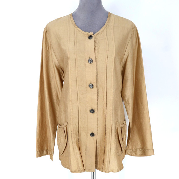 Flax Jacket Womens Medium Silk Beige Gold Blouse Pleated Pockets Vtg Lagenlook
